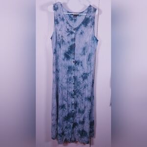 Flower Blue Tie Dye Dress One Size Embroidered Floral Stich Detail Button Front